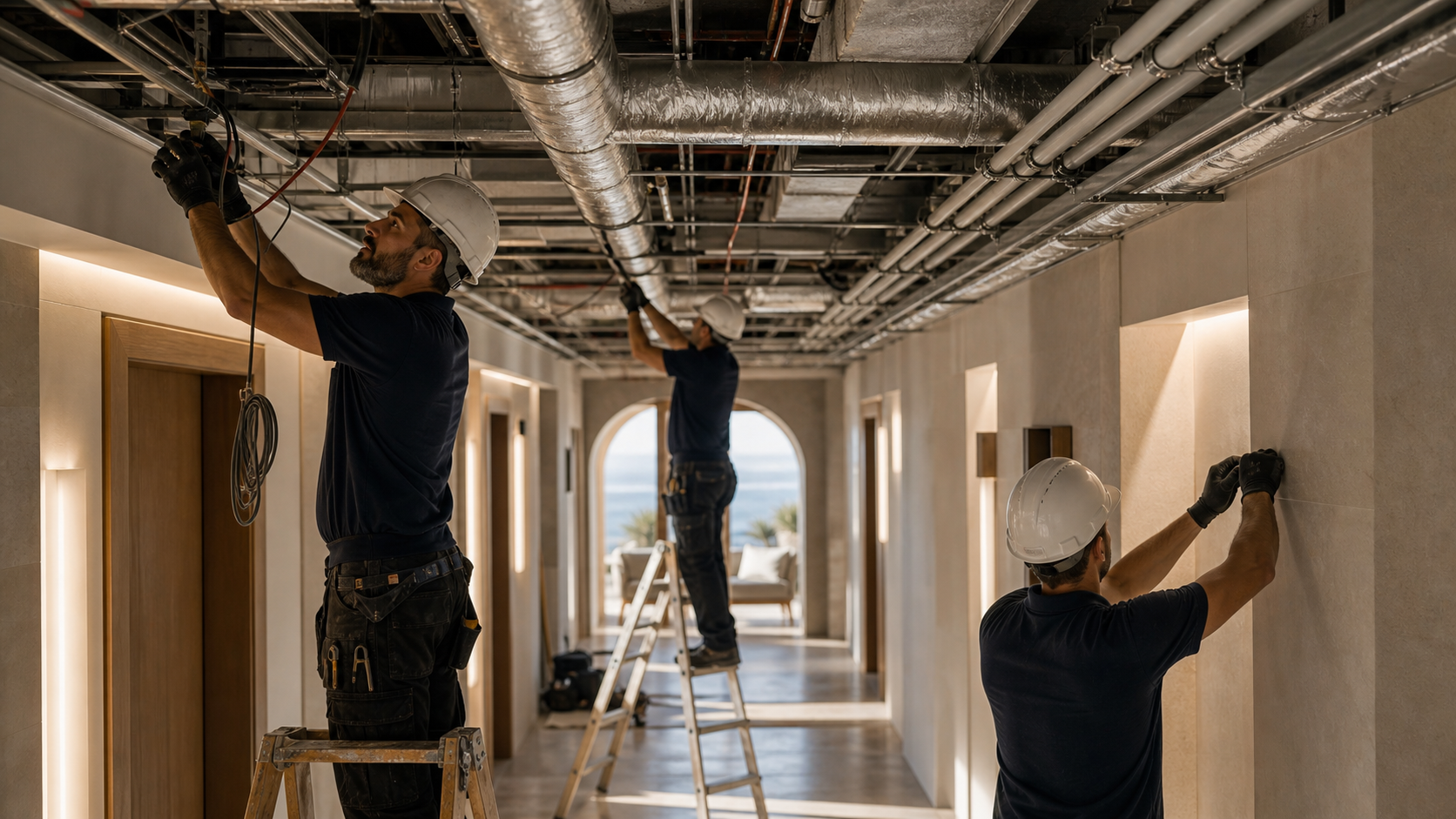 Coordinated building-services installation within a hospitality property