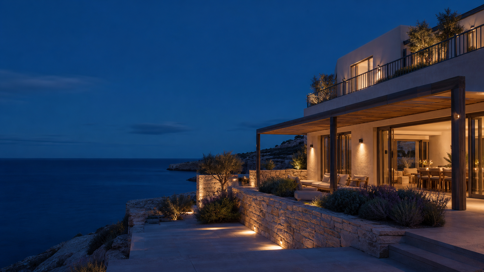 Hospitality property illuminated at dusk