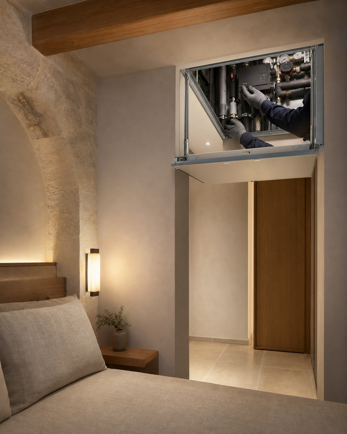 Refined hotel guest room with discreet building controls