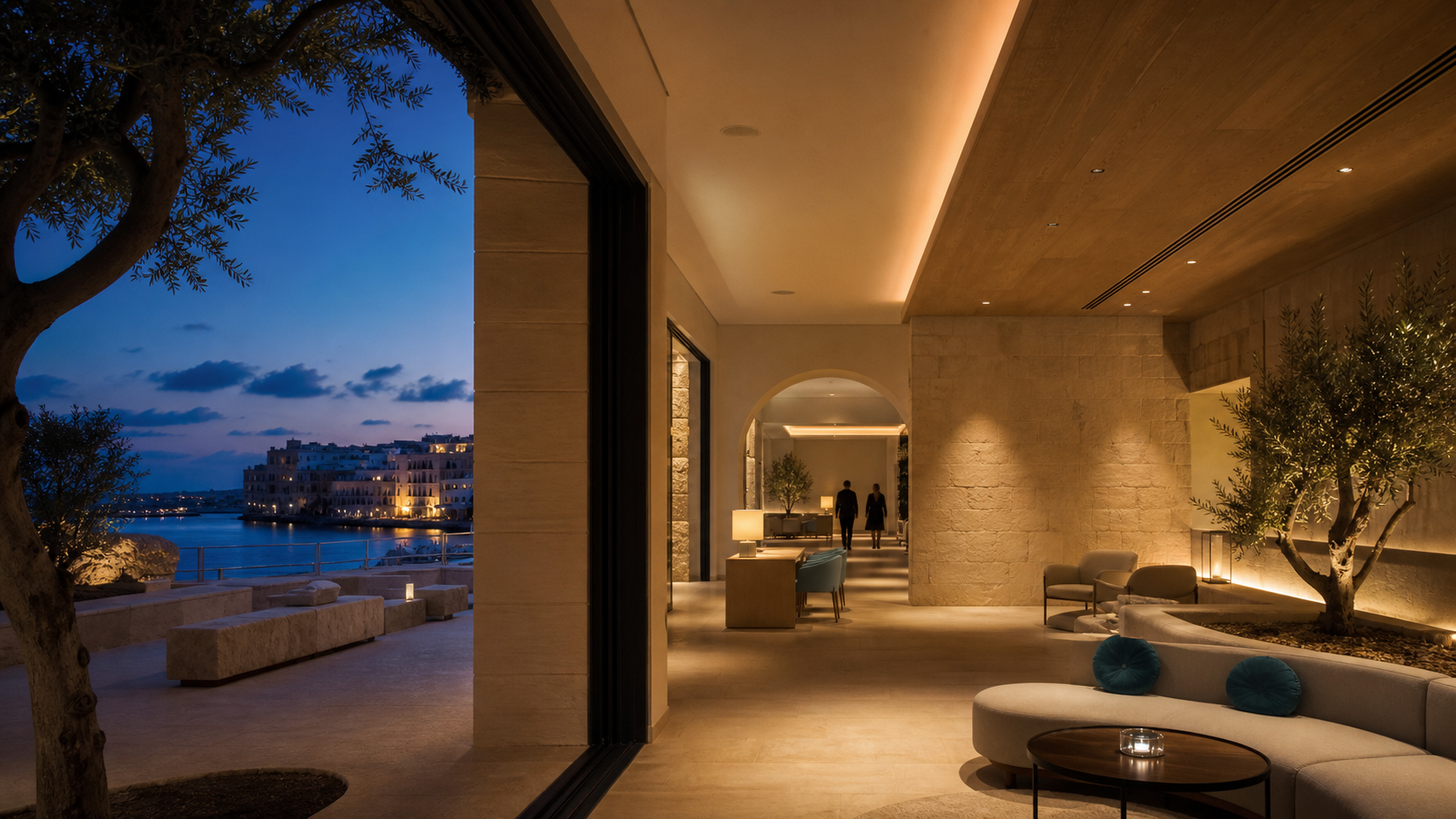 Hotel public space shaped by coordinated lighting and climate systems