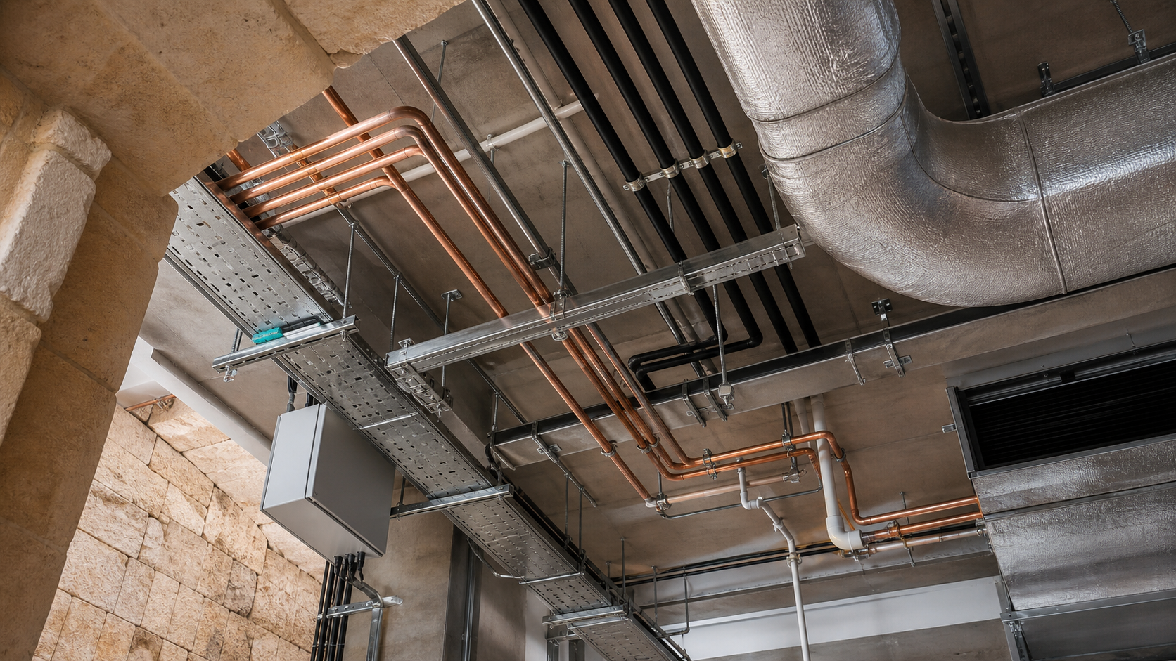Integrated building systems visible above a hotel corridor ceiling